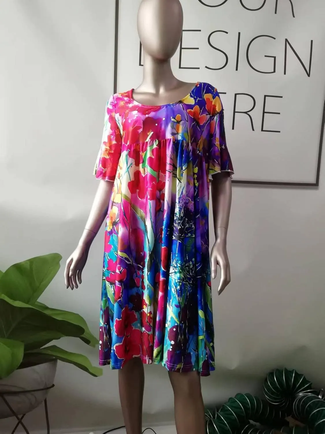 Women's Floral Print Dress Casual Flounces Bell Sleeves Belted Waist Mini Dress Knee Length Summer Beach Sundress