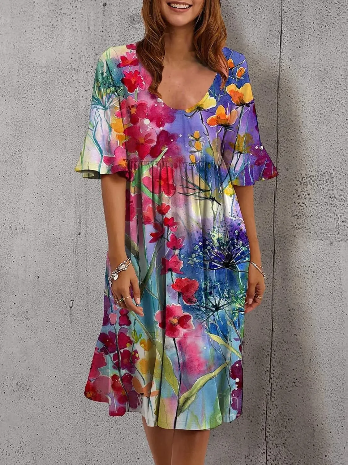 Women's Floral Print Dress Casual Flounces Bell Sleeves Belted Waist Mini Dress Knee Length Summer Beach Sundress