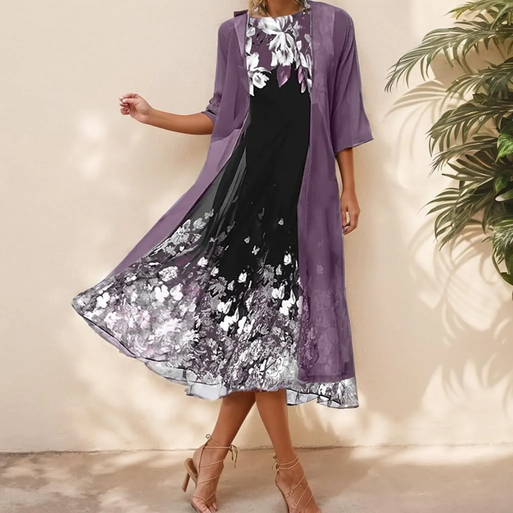Womens Flowy Chiffon Floral Maxi Dresses with Jacket 2 Piece Set Summer Cocktail Wedding Guest Dresses