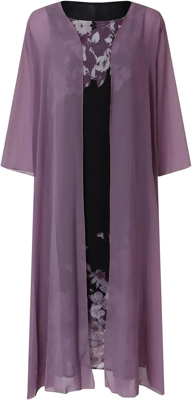 Womens Flowy Chiffon Floral Maxi Dresses with Jacket 2 Piece Set Summer Cocktail Wedding Guest Dresses