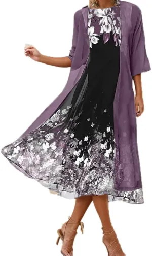 Womens Flowy Chiffon Floral Maxi Dresses with Jacket 2 Piece Set Summer Cocktail Wedding Guest Dresses