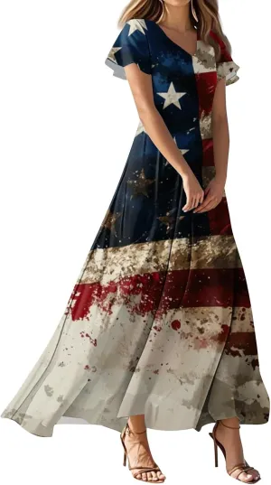 Women's Fourth of July Dress Summer Casual Fashion Independence Day Printed Outfits V-Neck Short Sleeve Dresses