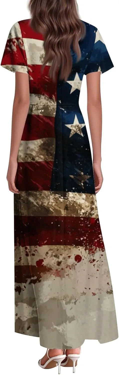 Women's Fourth of July Dress Summer Casual Fashion Independence Day Printed Outfits V-Neck Short Sleeve Dresses