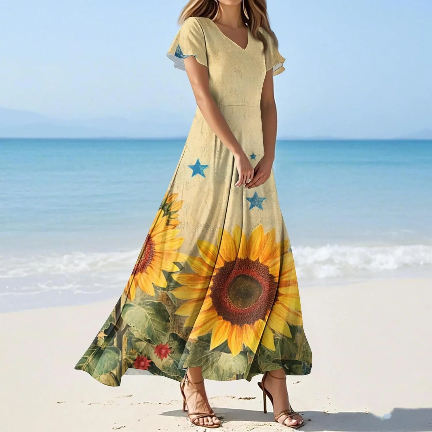 Women's Fourth of July Dress Summer Casual Fashion Independence Day Printed Outfits V-Neck Short Sleeve Dresses