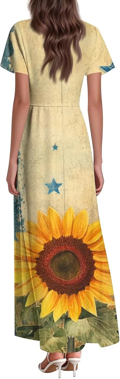 Women's Fourth of July Dress Summer Casual Fashion Independence Day Printed Outfits V-Neck Short Sleeve Dresses