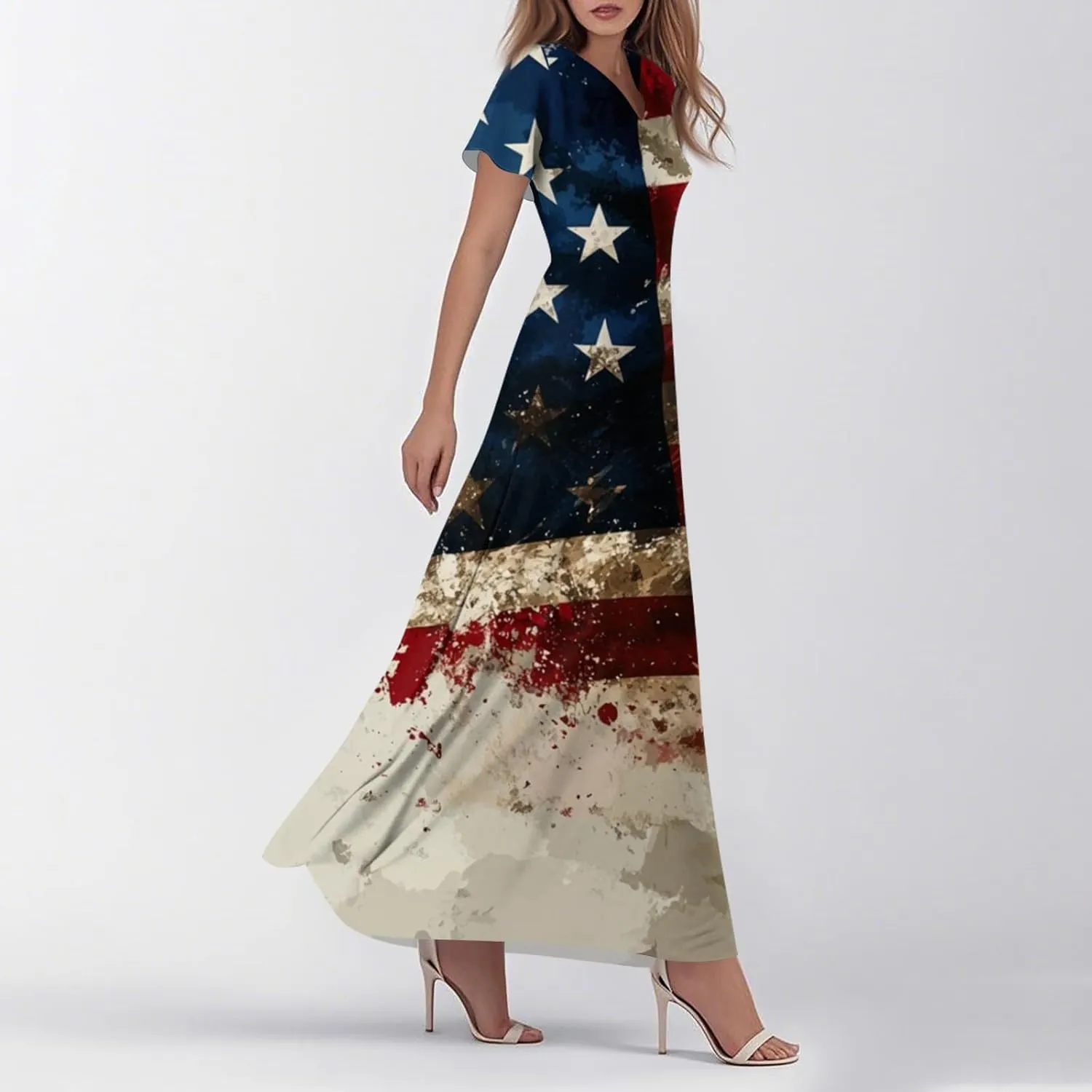 Women's Fourth of July Dress Summer Casual Fashion Independence Day Printed Outfits V-Neck Short Sleeve Dresses