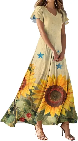 Women's Fourth of July Dress Summer Casual Fashion Independence Day Printed Outfits V-Neck Short Sleeve Dresses