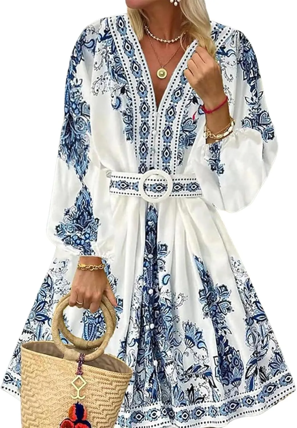 Women's Fresh Floral Print Tunic V-Neck Pleated Mini Hem Dresses Holiday Party Long Sleeve Outfits 2025 Spring Skirts