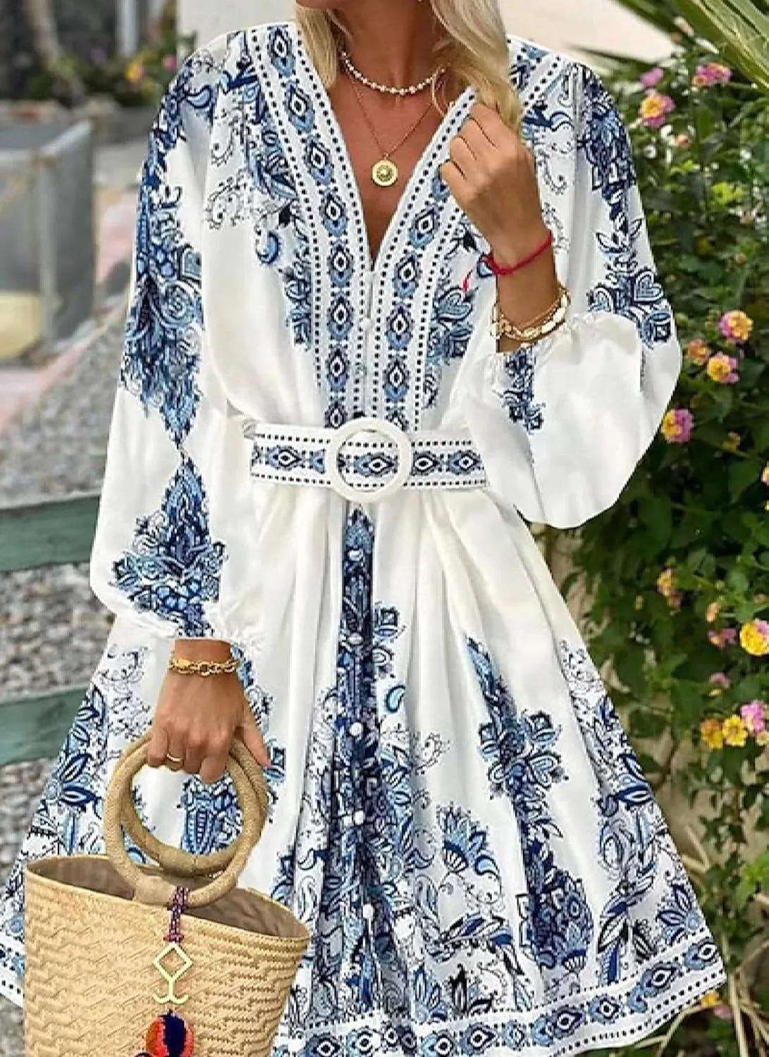 Women's Fresh Floral Print Tunic V-Neck Pleated Mini Hem Dresses Holiday Party Long Sleeve Outfits 2025 Spring Skirts