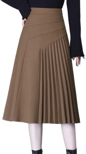 Womens High Waist Midi Long Pleated Skirt A Line Swing Skirt in Winter (XXL,Brown,XX-Large)