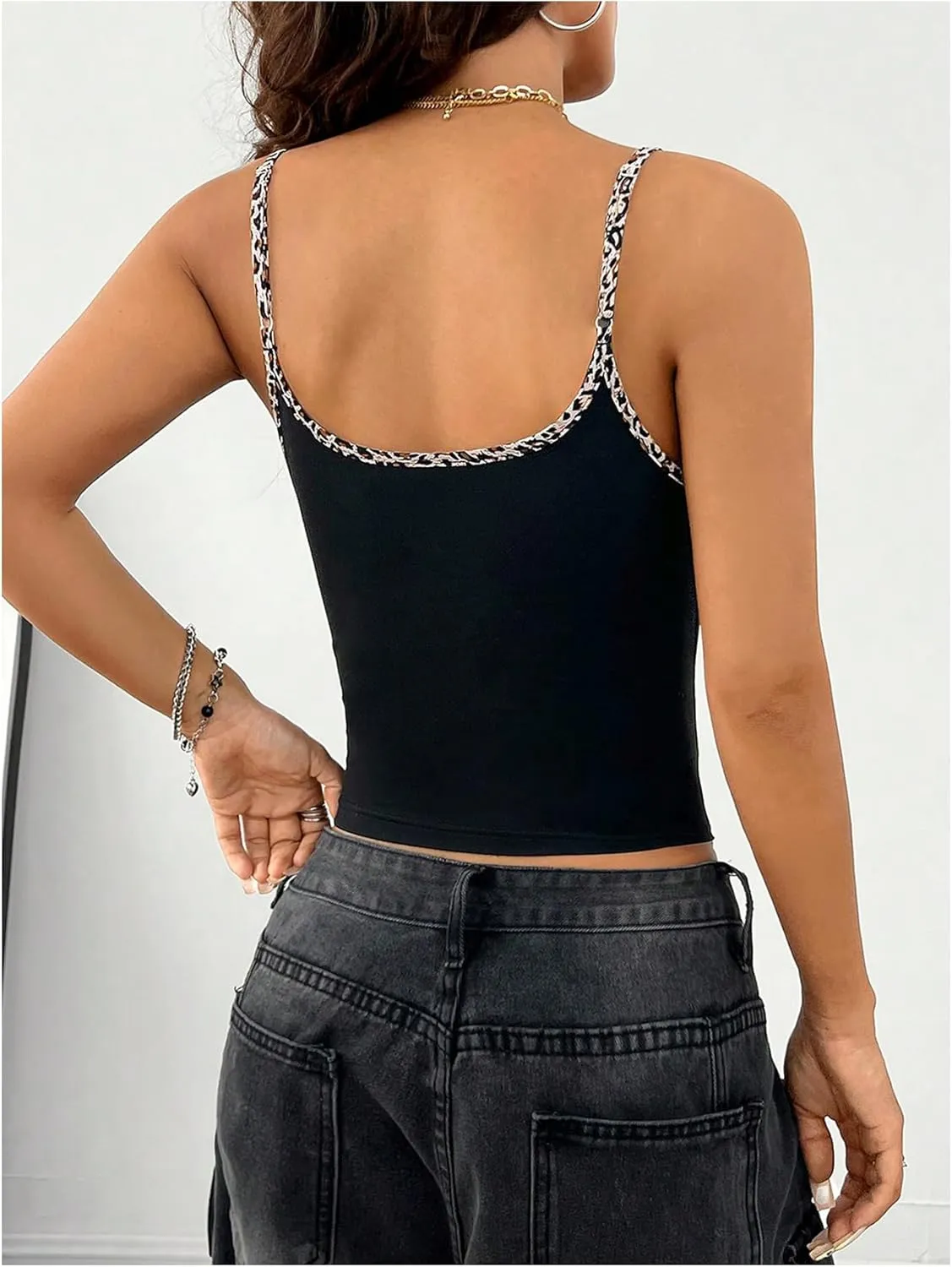 Women's Leopard Camisole Tops Scoop Neck Spaghetti Strap Crop Tank Top Slim Fit Cami Shirts