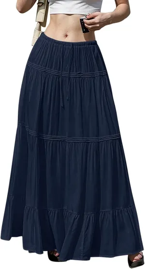 Womens Linen Maxi Skirt Beach Vacation Aline Flowy Summer Long Skirts High Waist Tiered Boho Renaissance Pleated Skirt