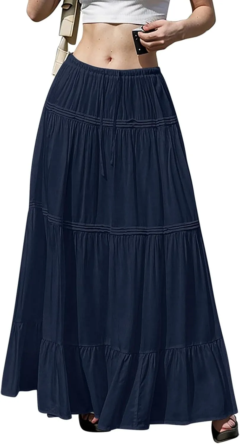Womens Linen Maxi Skirt Beach Vacation Aline Flowy Summer Long Skirts High Waist Tiered Boho Renaissance Pleated Skirt