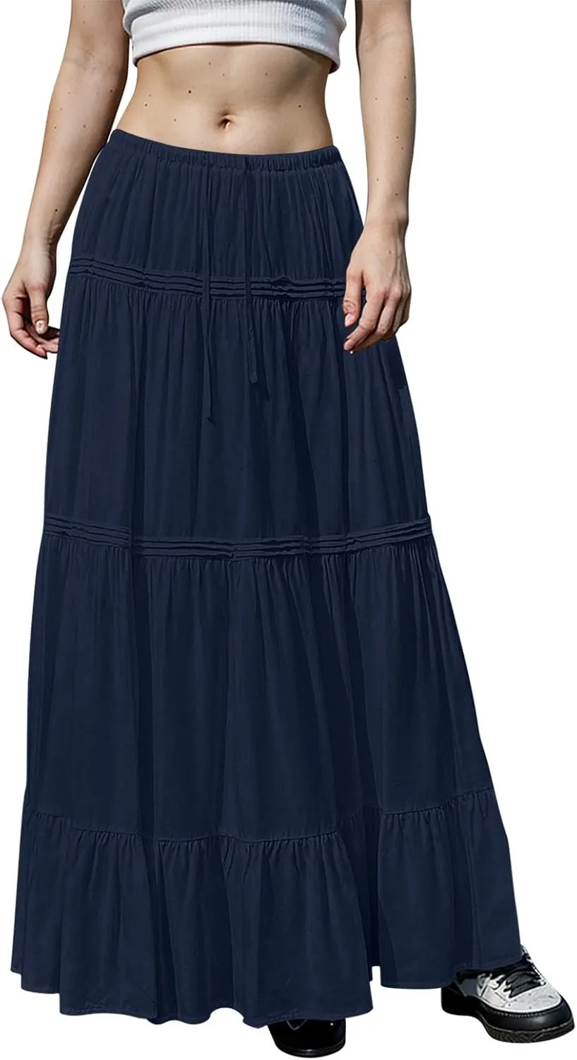 Womens Linen Maxi Skirt Beach Vacation Aline Flowy Summer Long Skirts High Waist Tiered Boho Renaissance Pleated Skirt