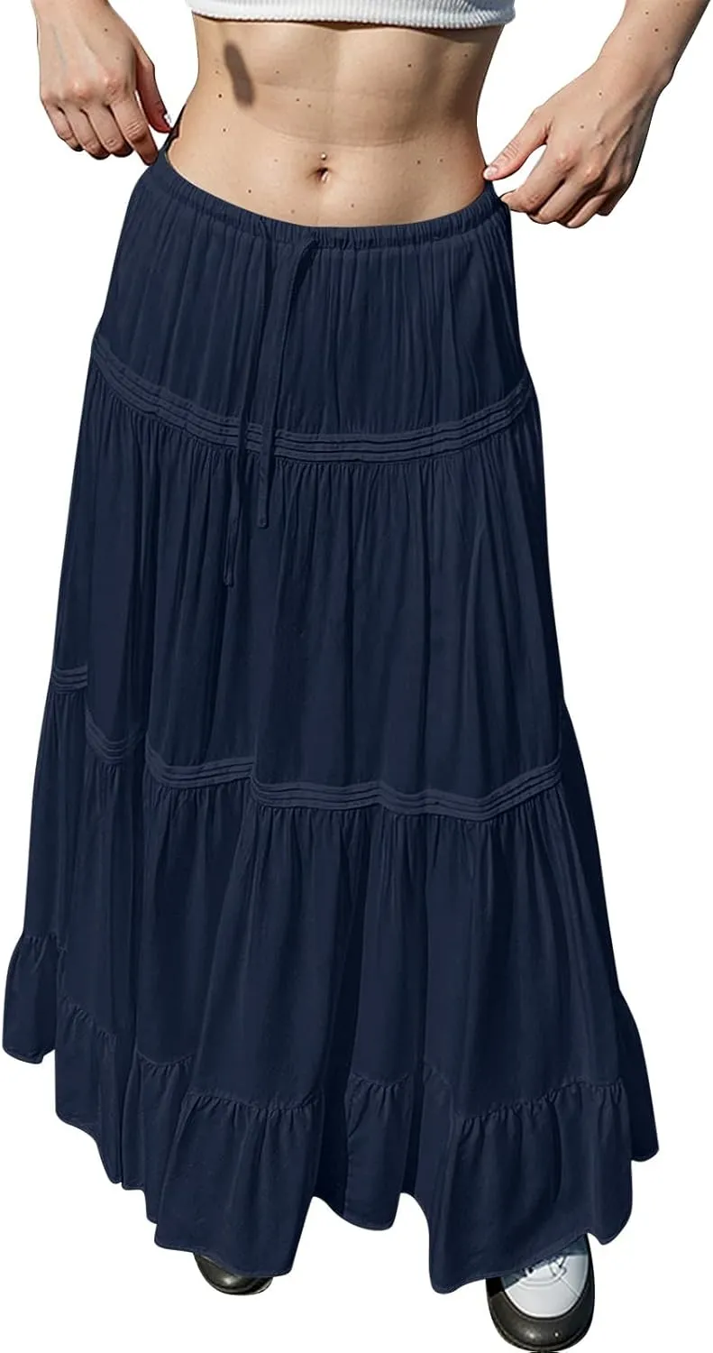 Womens Linen Maxi Skirt Beach Vacation Aline Flowy Summer Long Skirts High Waist Tiered Boho Renaissance Pleated Skirt