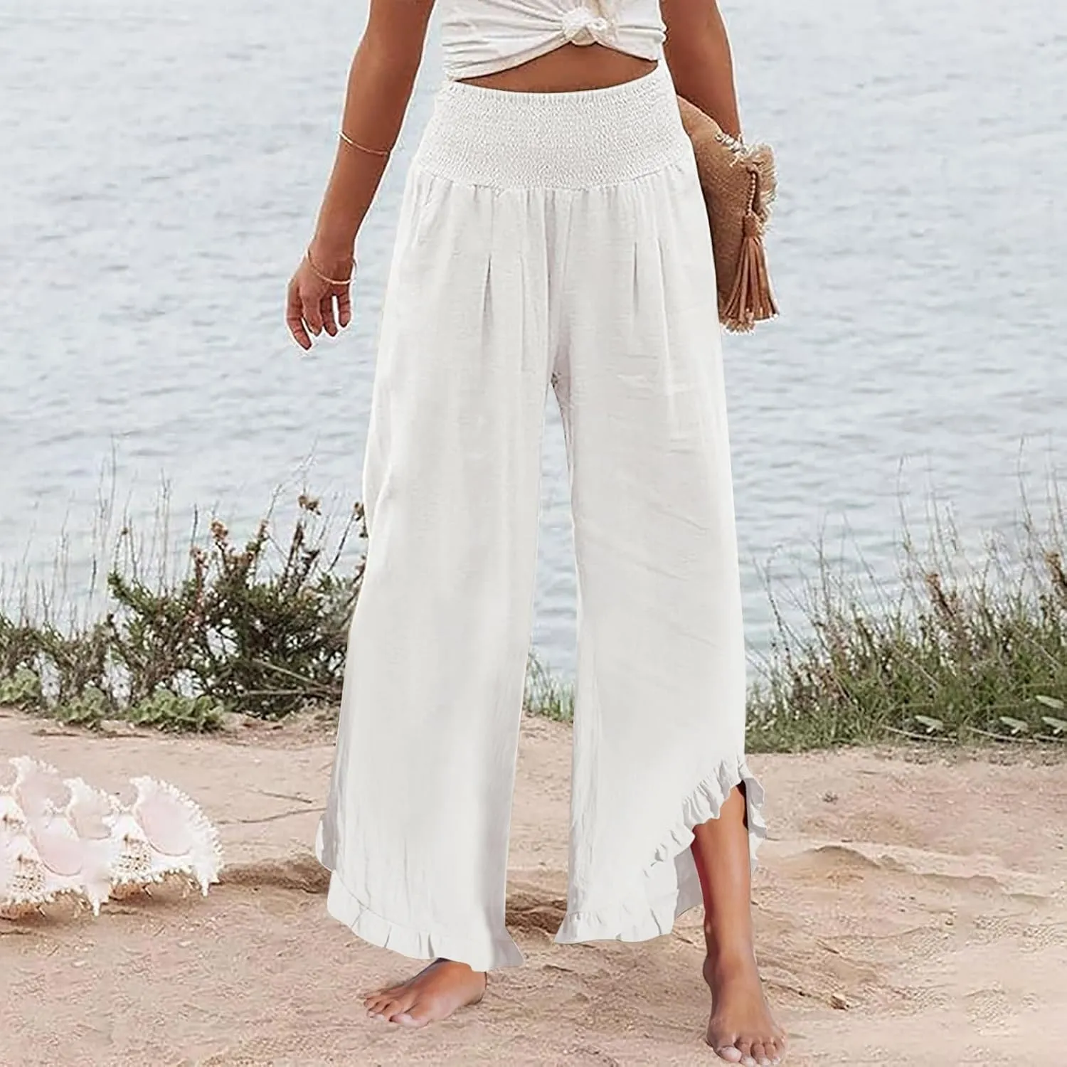 Womens Linen Pants Summer Wide Leg Trousers Elastic Waist Casual Lounge Pant with Pockets 2025 Beach Vacation