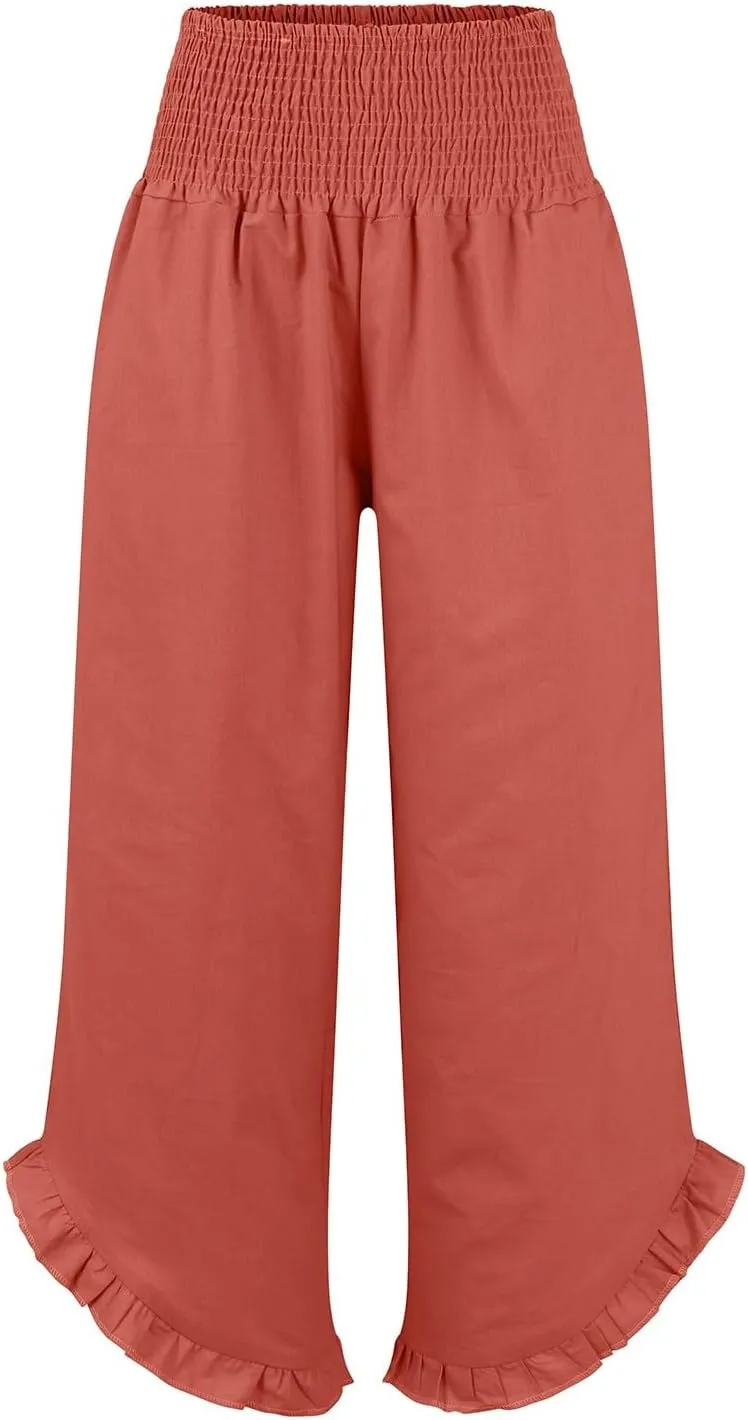 Womens Linen Pants Summer Wide Leg Trousers Elastic Waist Casual Lounge Pant with Pockets 2025 Beach Vacation