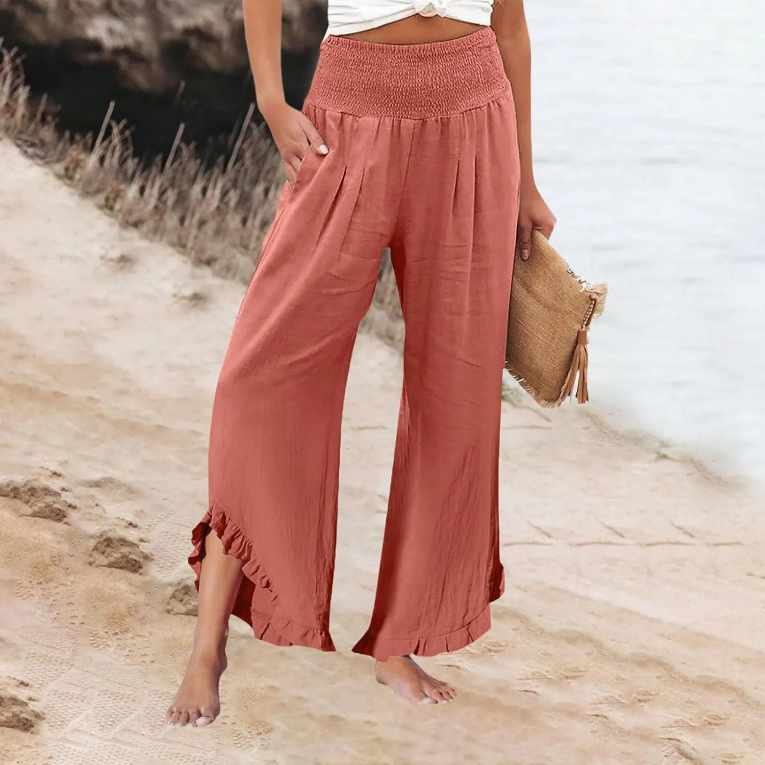 Womens Linen Pants Summer Wide Leg Trousers Elastic Waist Casual Lounge Pant with Pockets 2025 Beach Vacation