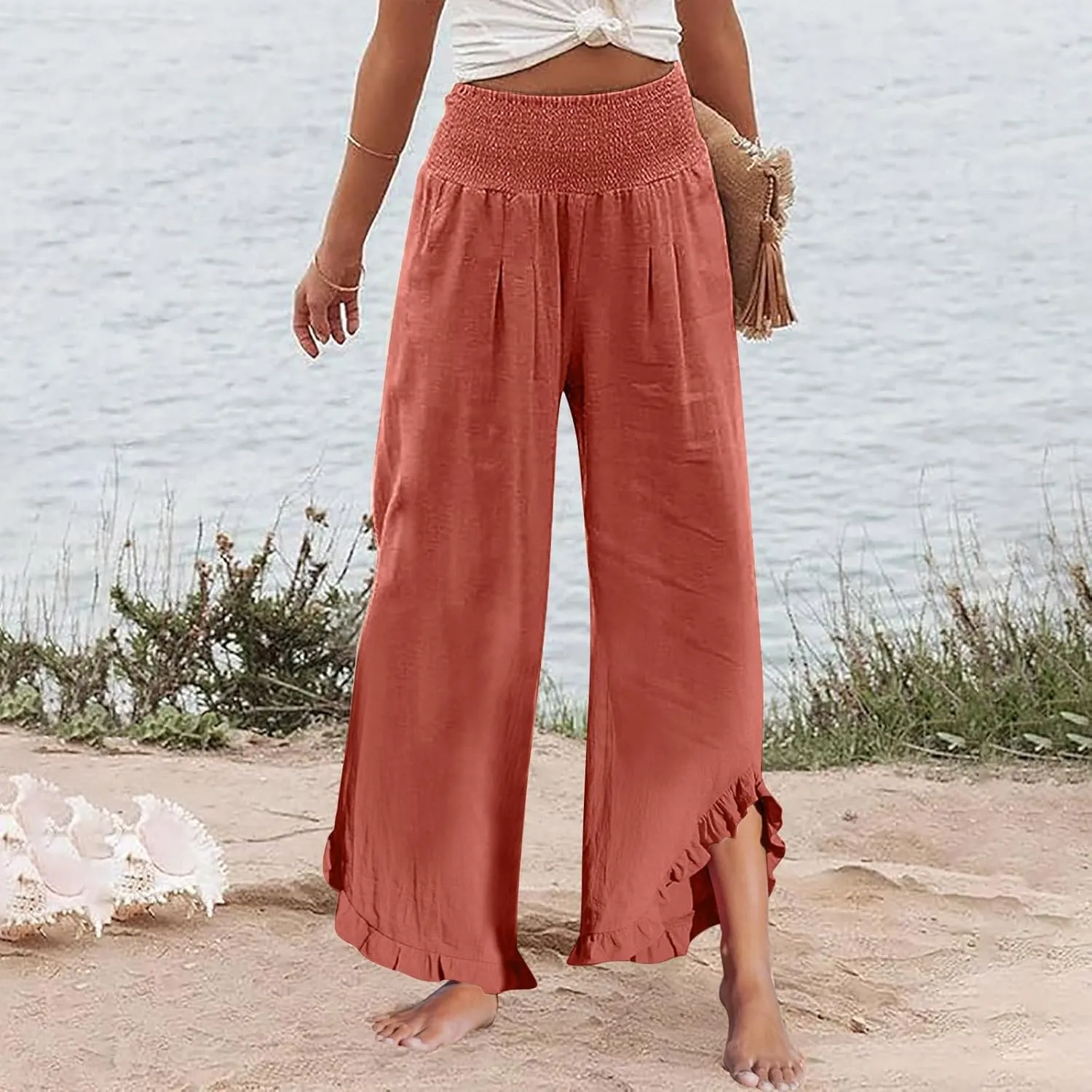 Womens Linen Pants Summer Wide Leg Trousers Elastic Waist Casual Lounge Pant with Pockets 2025 Beach Vacation