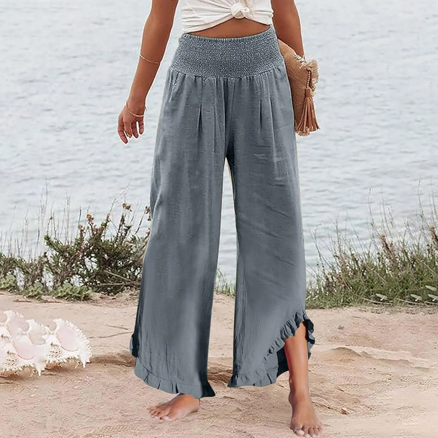 Womens Linen Pants Summer Wide Leg Trousers Elastic Waist Casual Lounge Pant with Pockets 2025 Beach Vacation