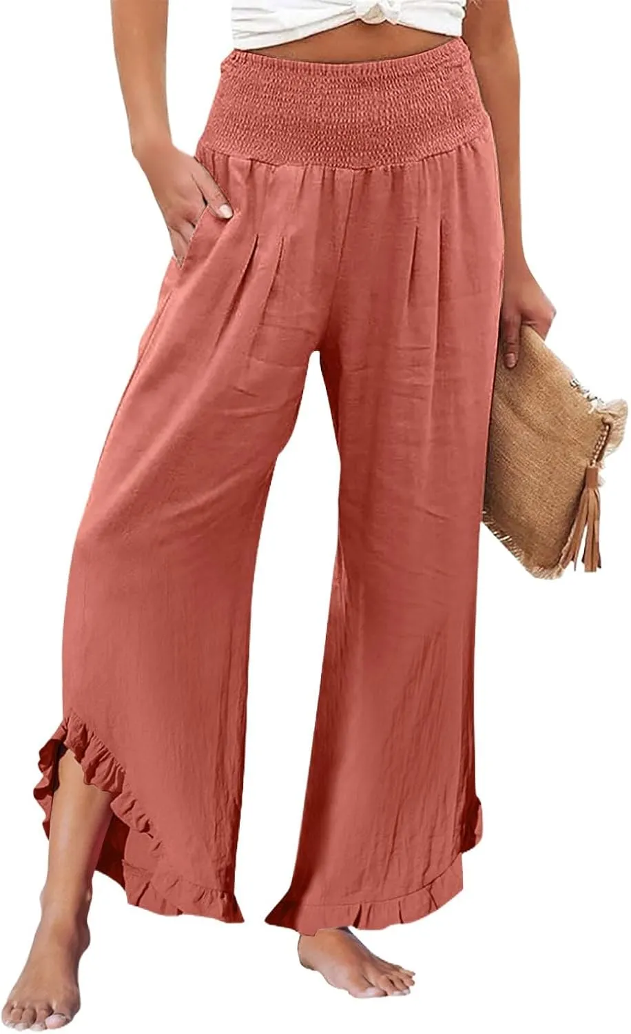 Womens Linen Pants Summer Wide Leg Trousers Elastic Waist Casual Lounge Pant with Pockets 2025 Beach Vacation