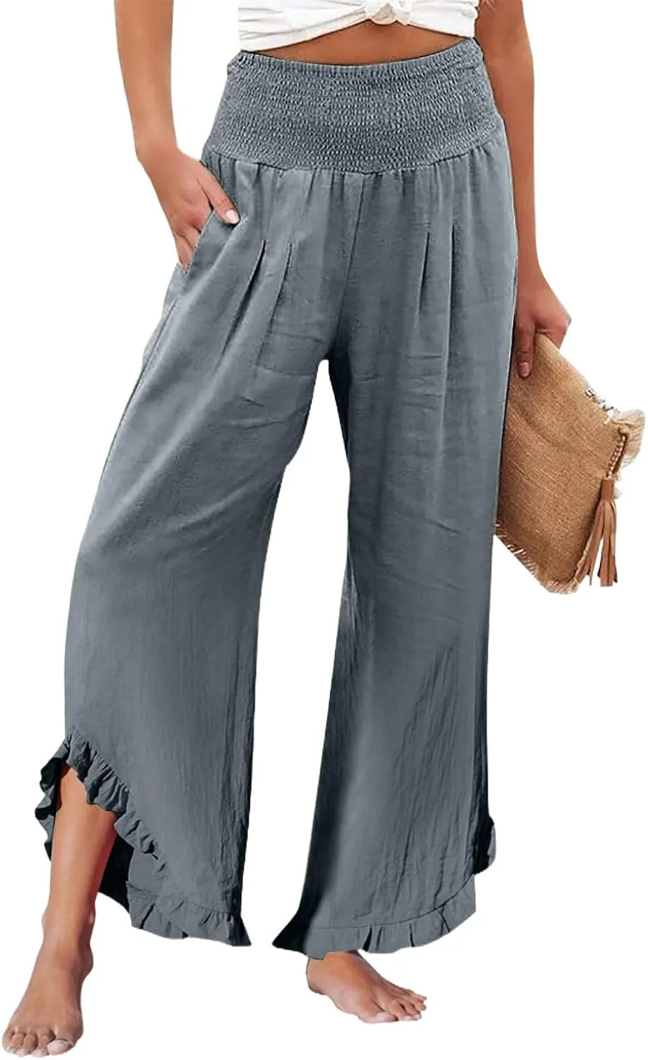 Womens Linen Pants Summer Wide Leg Trousers Elastic Waist Casual Lounge Pant with Pockets 2025 Beach Vacation