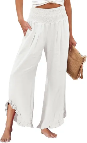 Womens Linen Pants Summer Wide Leg Trousers Elastic Waist Casual Lounge Pant with Pockets 2025 Beach Vacation