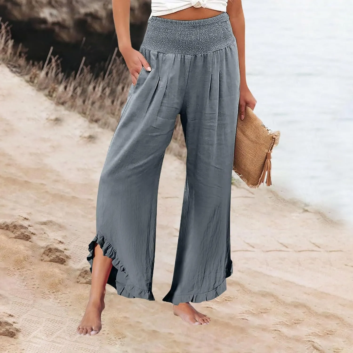 Womens Linen Pants Summer Wide Leg Trousers Elastic Waist Casual Lounge Pant with Pockets 2025 Beach Vacation