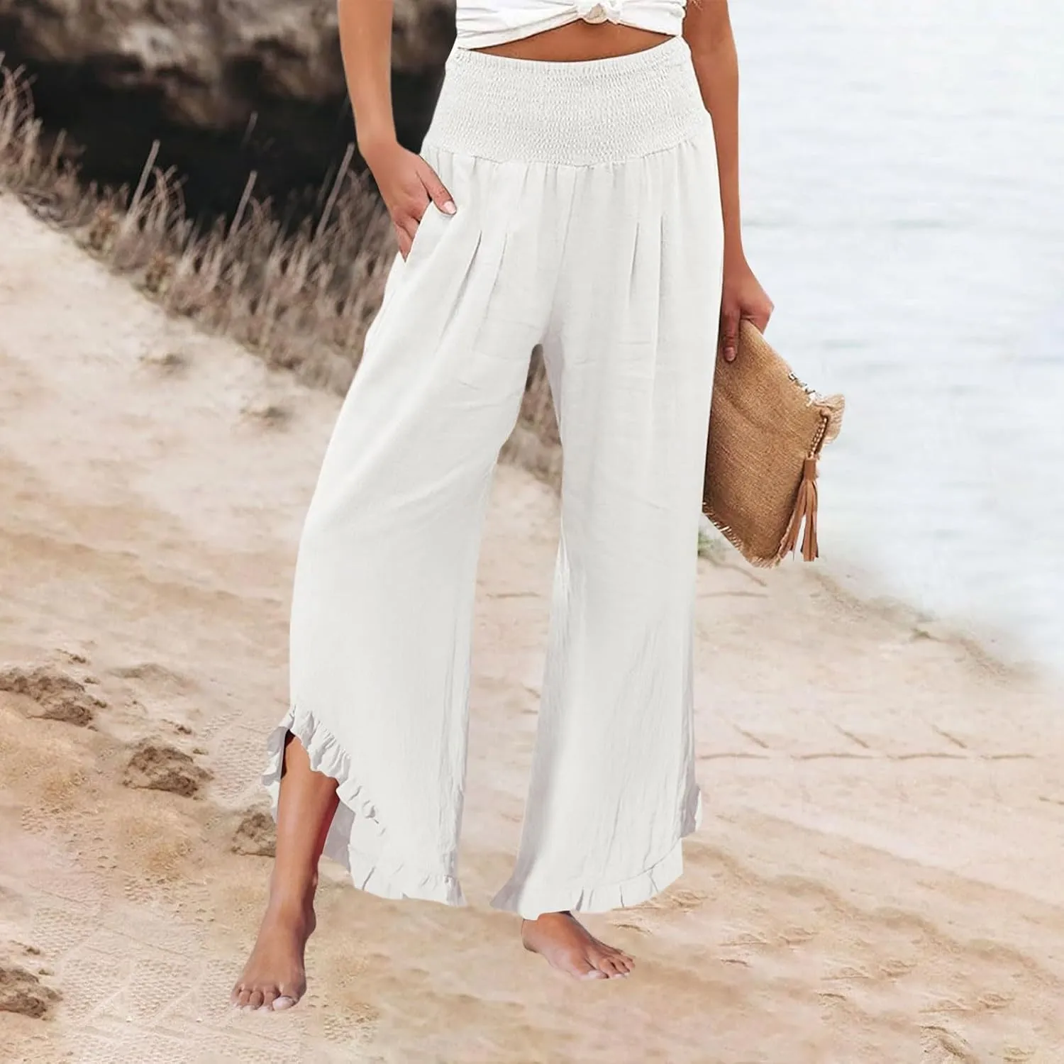 Womens Linen Pants Summer Wide Leg Trousers Elastic Waist Casual Lounge Pant with Pockets 2025 Beach Vacation