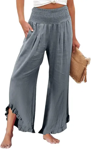 Womens Linen Pants Summer Wide Leg Trousers Elastic Waist Casual Lounge Pant with Pockets 2025 Beach Vacation