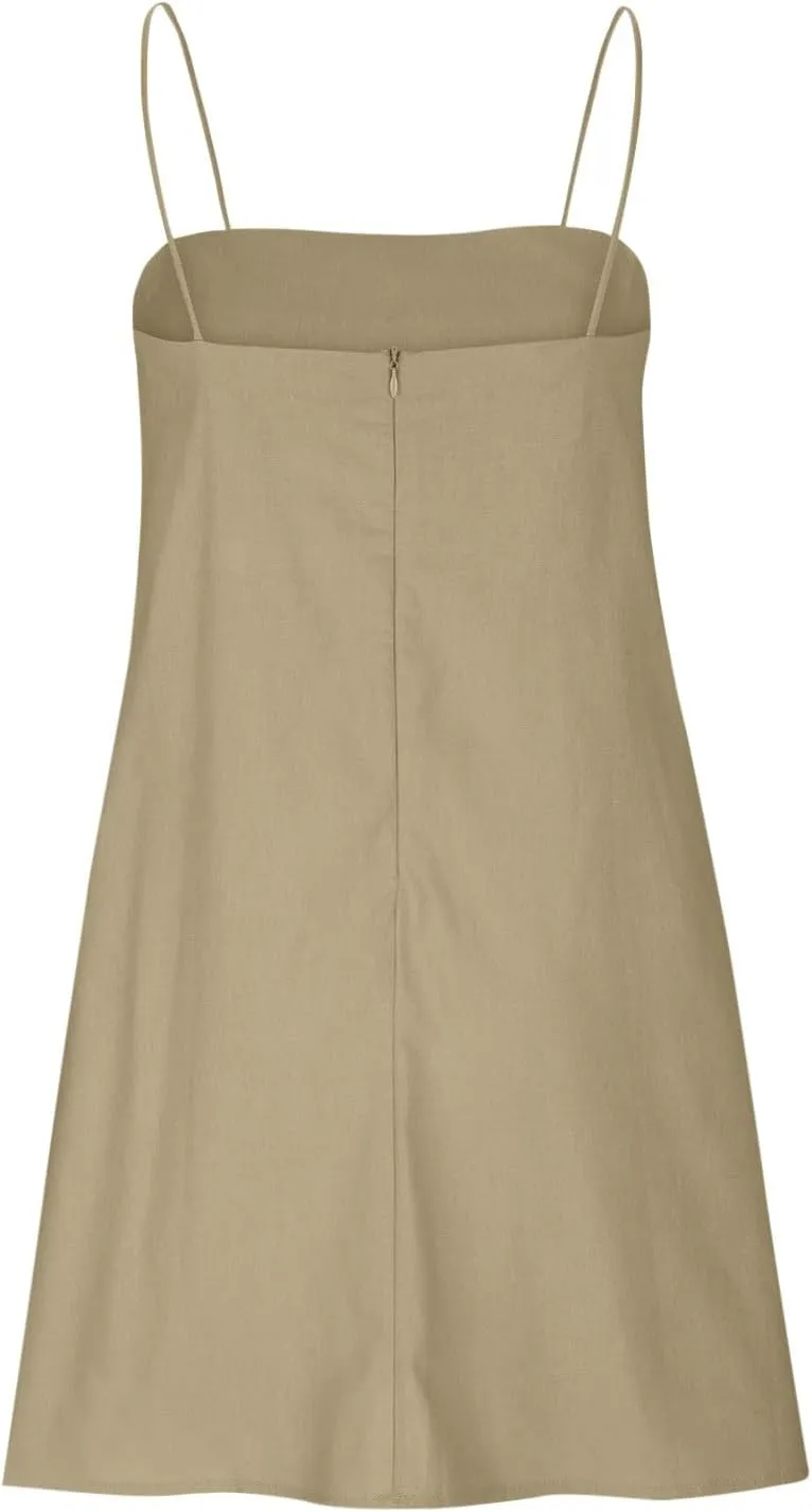 Womens Linen Spaghetti Strap Sleeveless Summer Mini Dresses Cute A-Line Back Zip Short Cami Dress Beach Party Sundress