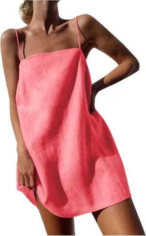 Womens Linen Spaghetti Strap Sleeveless Summer Mini Dresses Cute A-Line Back Zip Short Cami Dress Beach Party Sundress