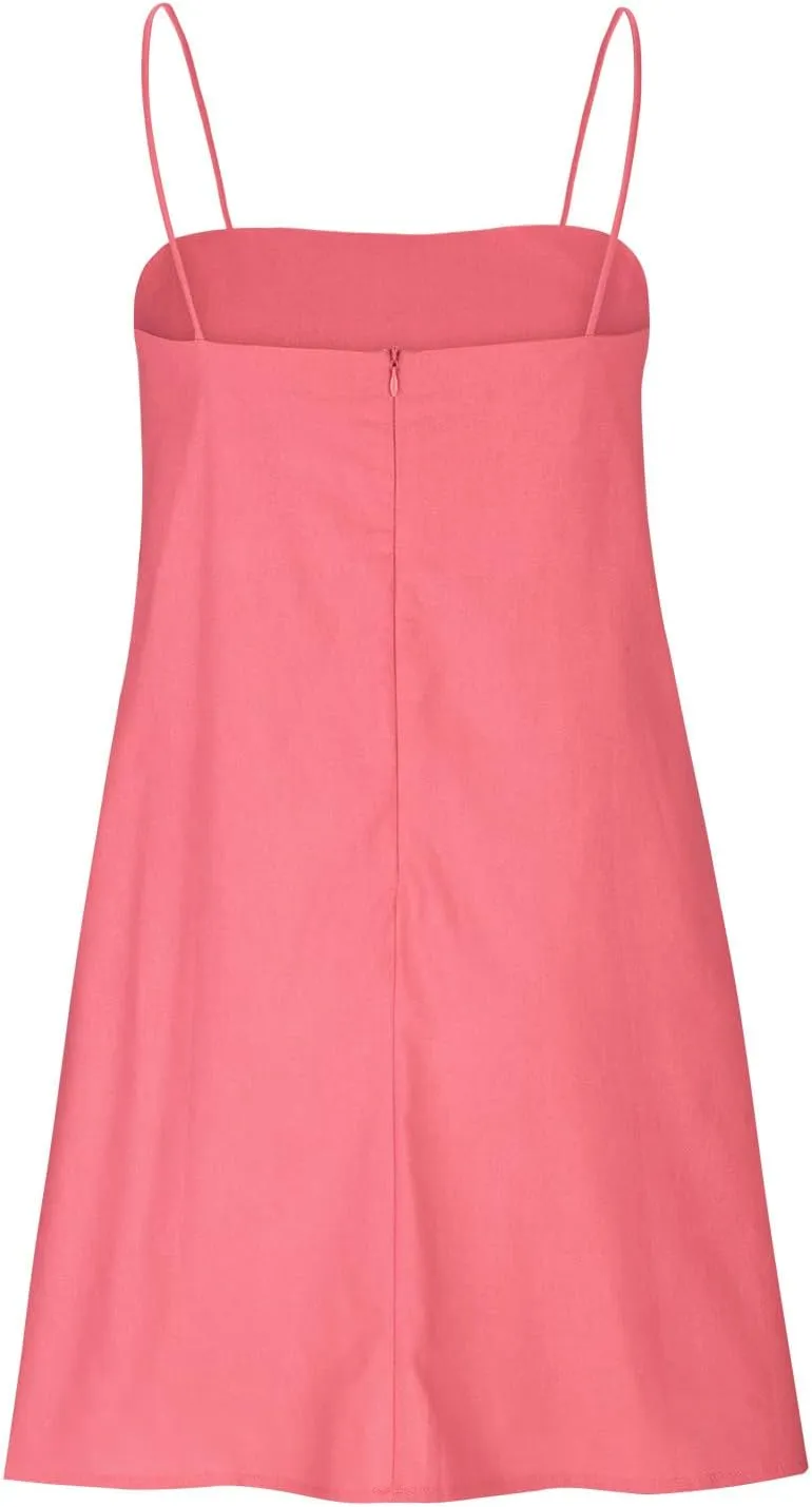 Womens Linen Spaghetti Strap Sleeveless Summer Mini Dresses Cute A-Line Back Zip Short Cami Dress Beach Party Sundress