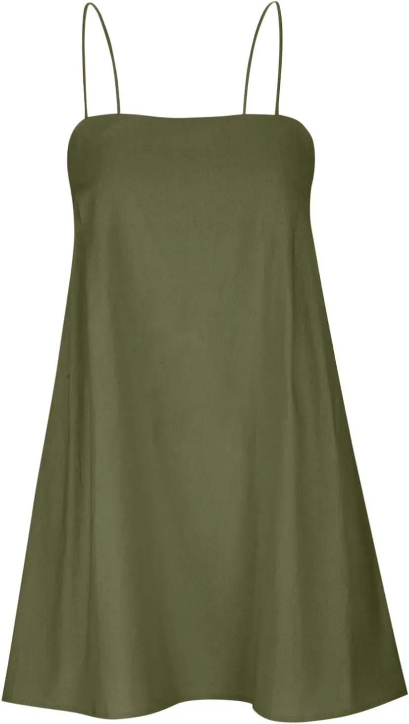 Womens Linen Spaghetti Strap Sleeveless Summer Mini Dresses Cute A-Line Back Zip Short Cami Dress Beach Party Sundress