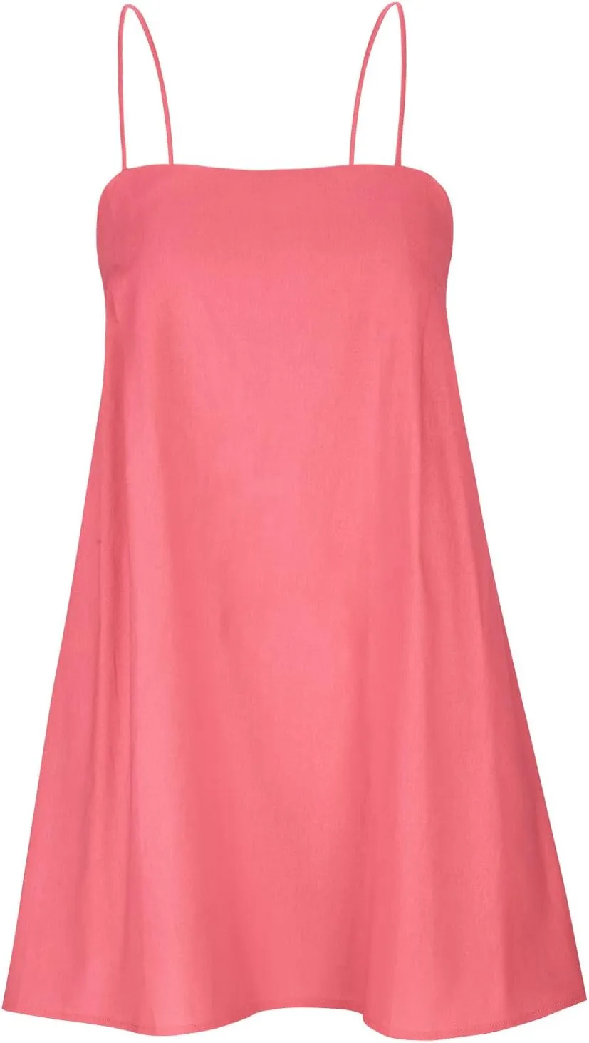 Womens Linen Spaghetti Strap Sleeveless Summer Mini Dresses Cute A-Line Back Zip Short Cami Dress Beach Party Sundress