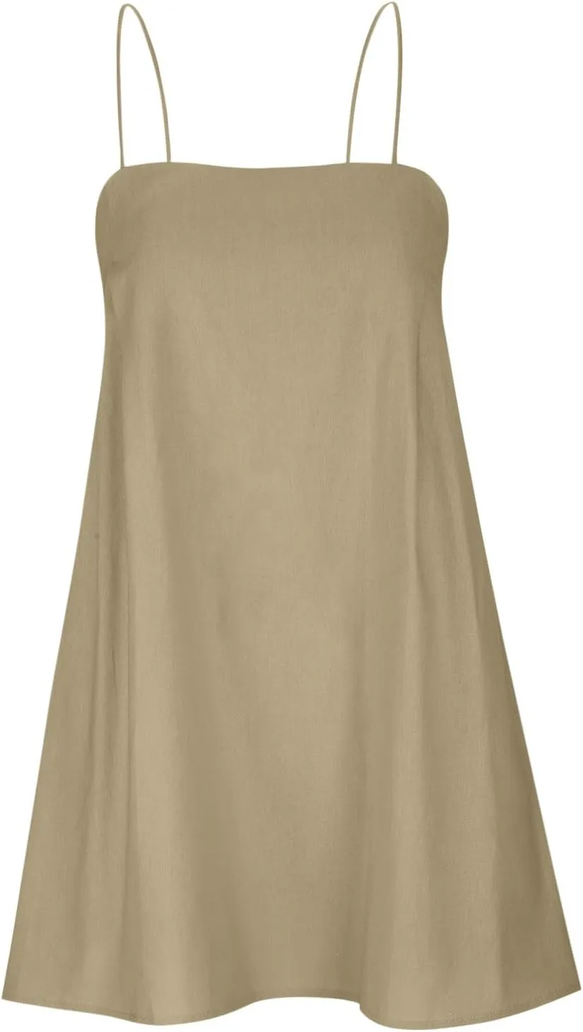 Womens Linen Spaghetti Strap Sleeveless Summer Mini Dresses Cute A-Line Back Zip Short Cami Dress Beach Party Sundress