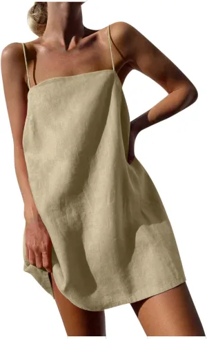 Womens Linen Spaghetti Strap Sleeveless Summer Mini Dresses Cute A-Line Back Zip Short Cami Dress Beach Party Sundress