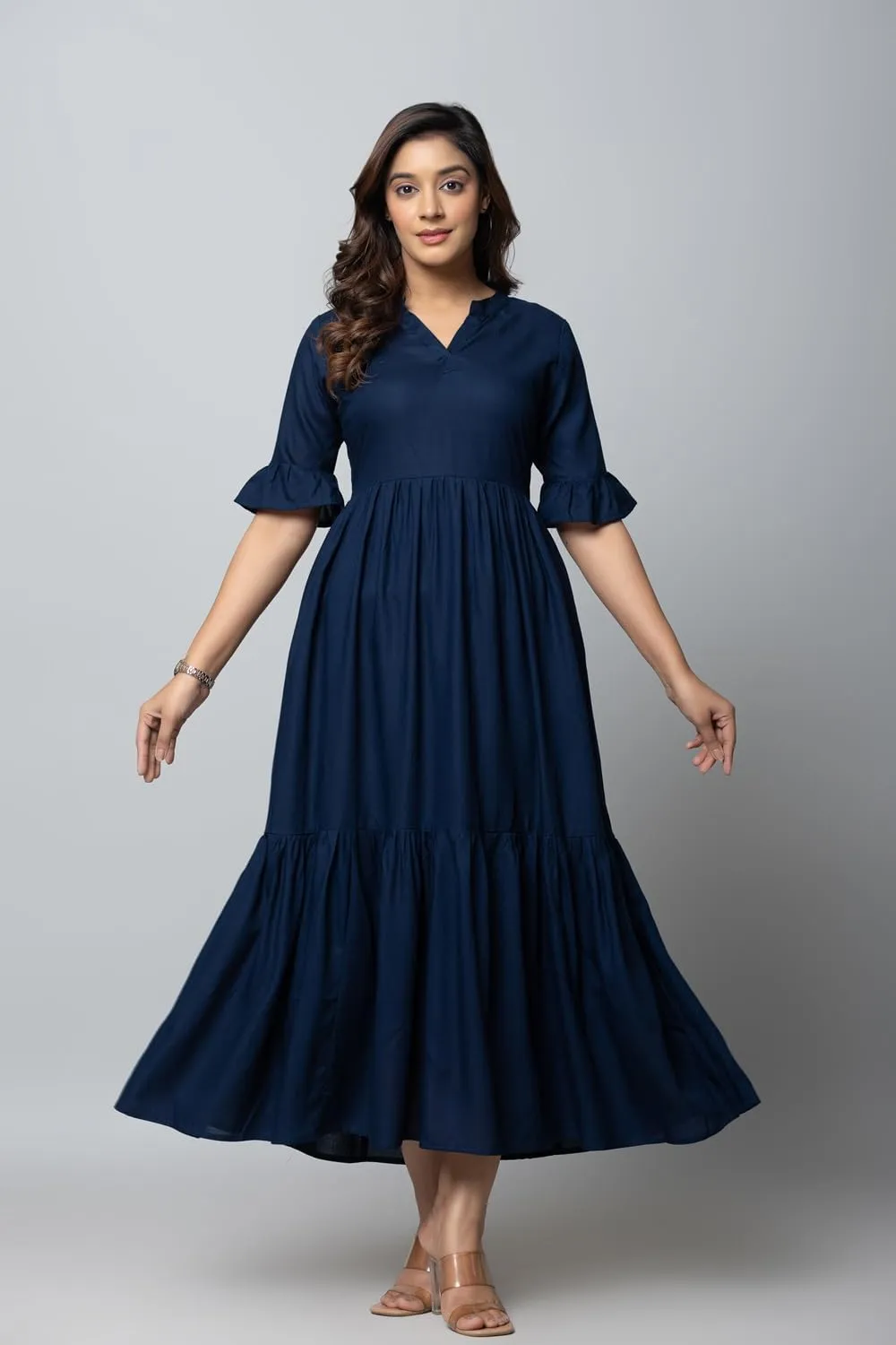 Women's Maxi Dress, Red, V-Neck, 3/4 Bell Sleeves, Tiered Rayon Casual Long Dress