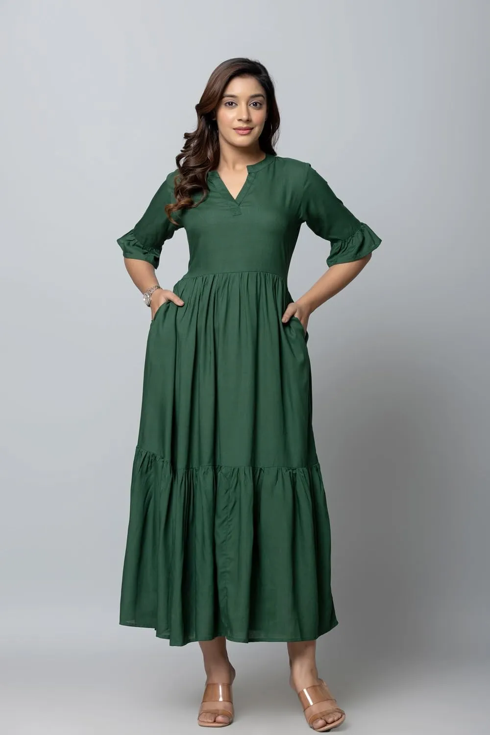 Women's Maxi Dress, Red, V-Neck, 3/4 Bell Sleeves, Tiered Rayon Casual Long Dress