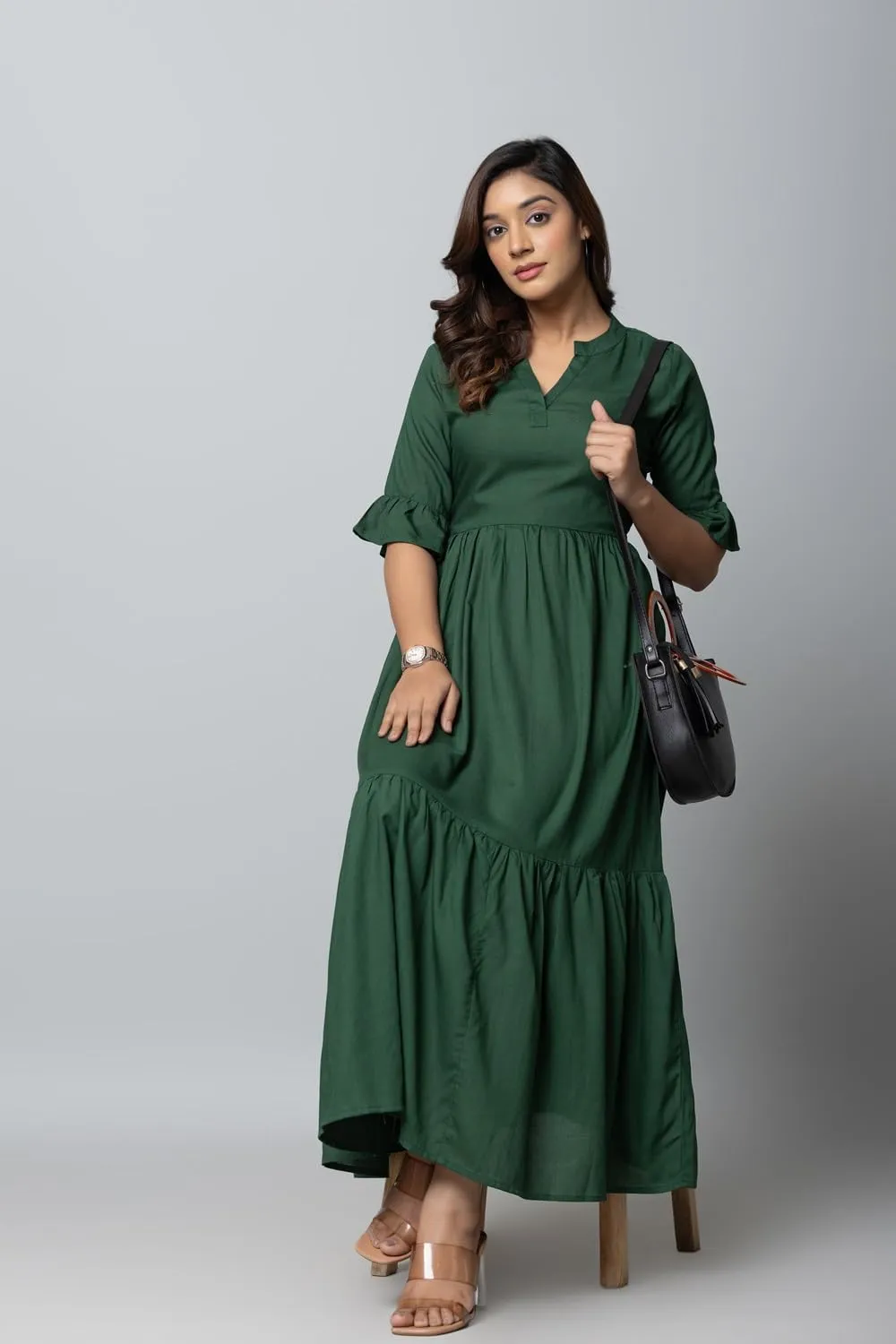 Women's Maxi Dress, Red, V-Neck, 3/4 Bell Sleeves, Tiered Rayon Casual Long Dress