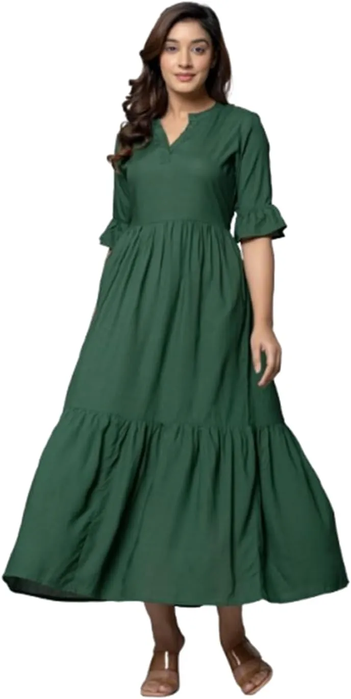 Women's Maxi Dress, Red, V-Neck, 3/4 Bell Sleeves, Tiered Rayon Casual Long Dress
