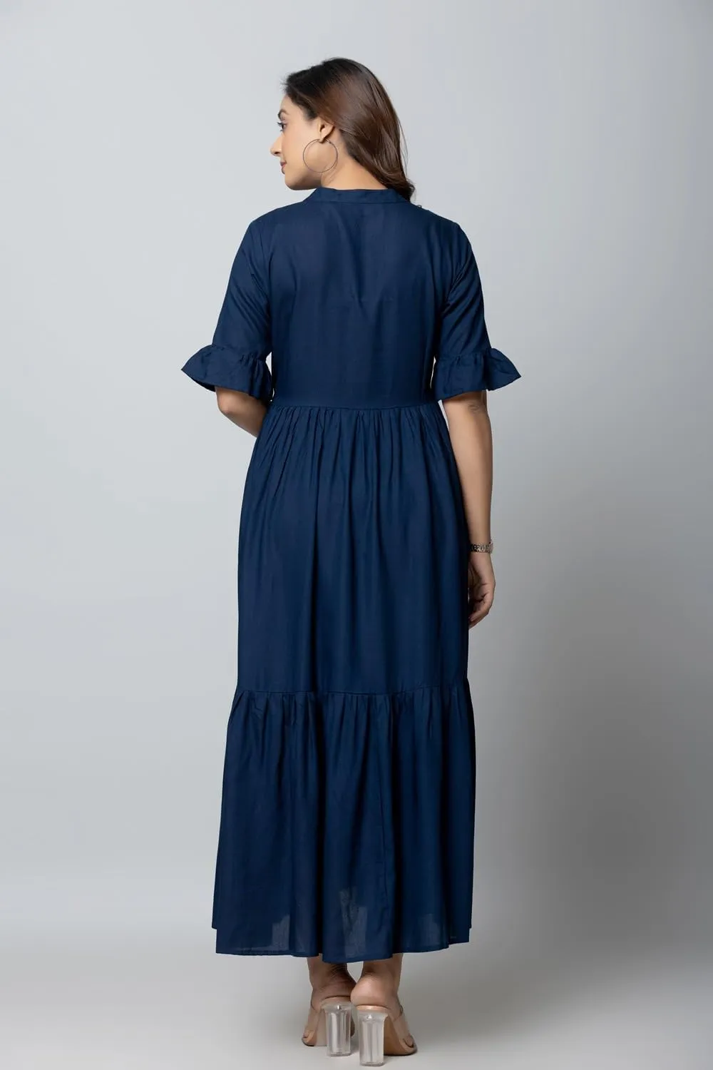 Women's Maxi Dress, Red, V-Neck, 3/4 Bell Sleeves, Tiered Rayon Casual Long Dress