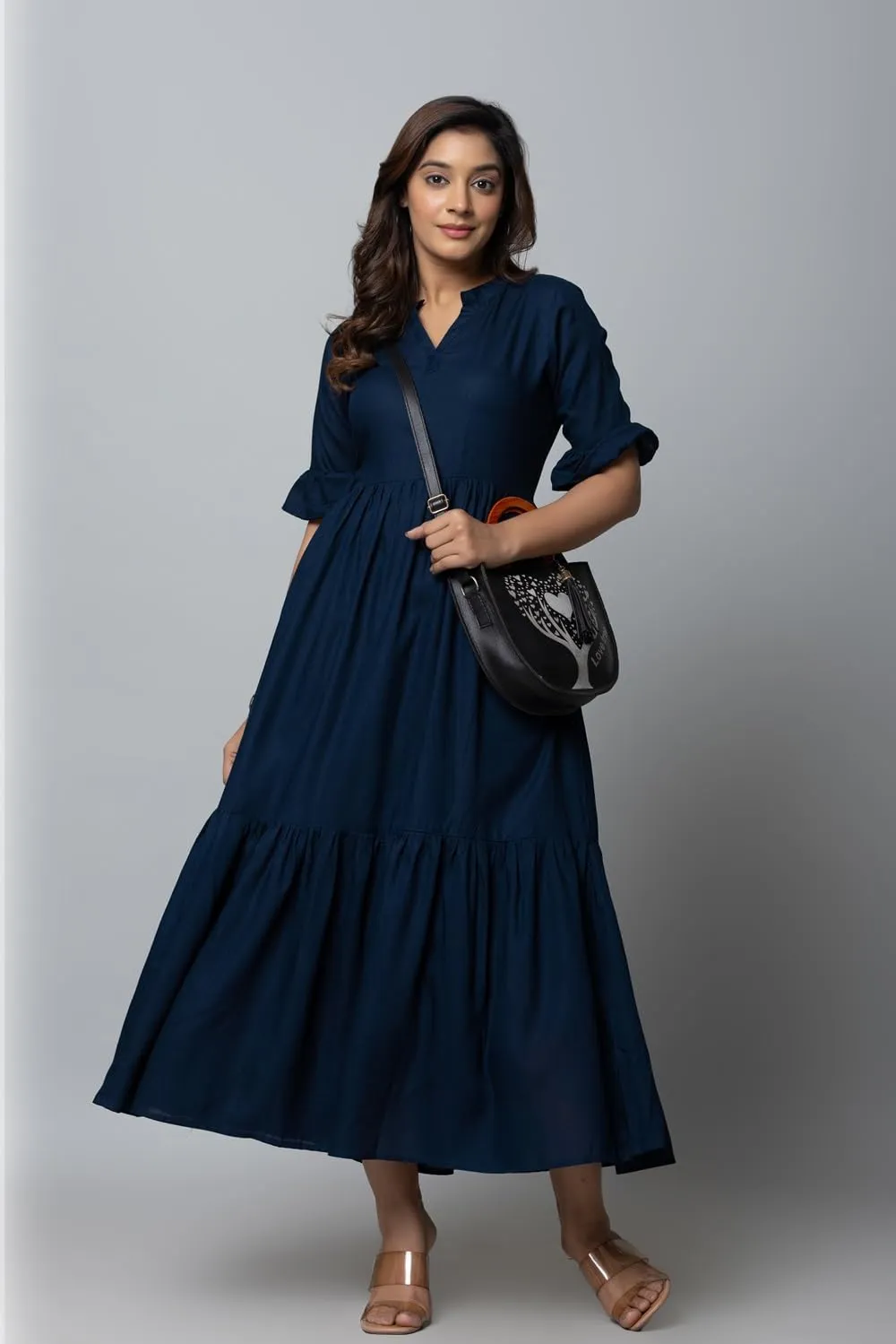 Women's Maxi Dress, Red, V-Neck, 3/4 Bell Sleeves, Tiered Rayon Casual Long Dress