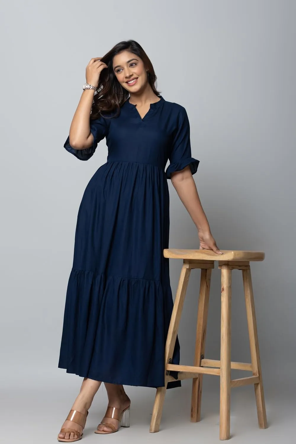 Women's Maxi Dress, Red, V-Neck, 3/4 Bell Sleeves, Tiered Rayon Casual Long Dress