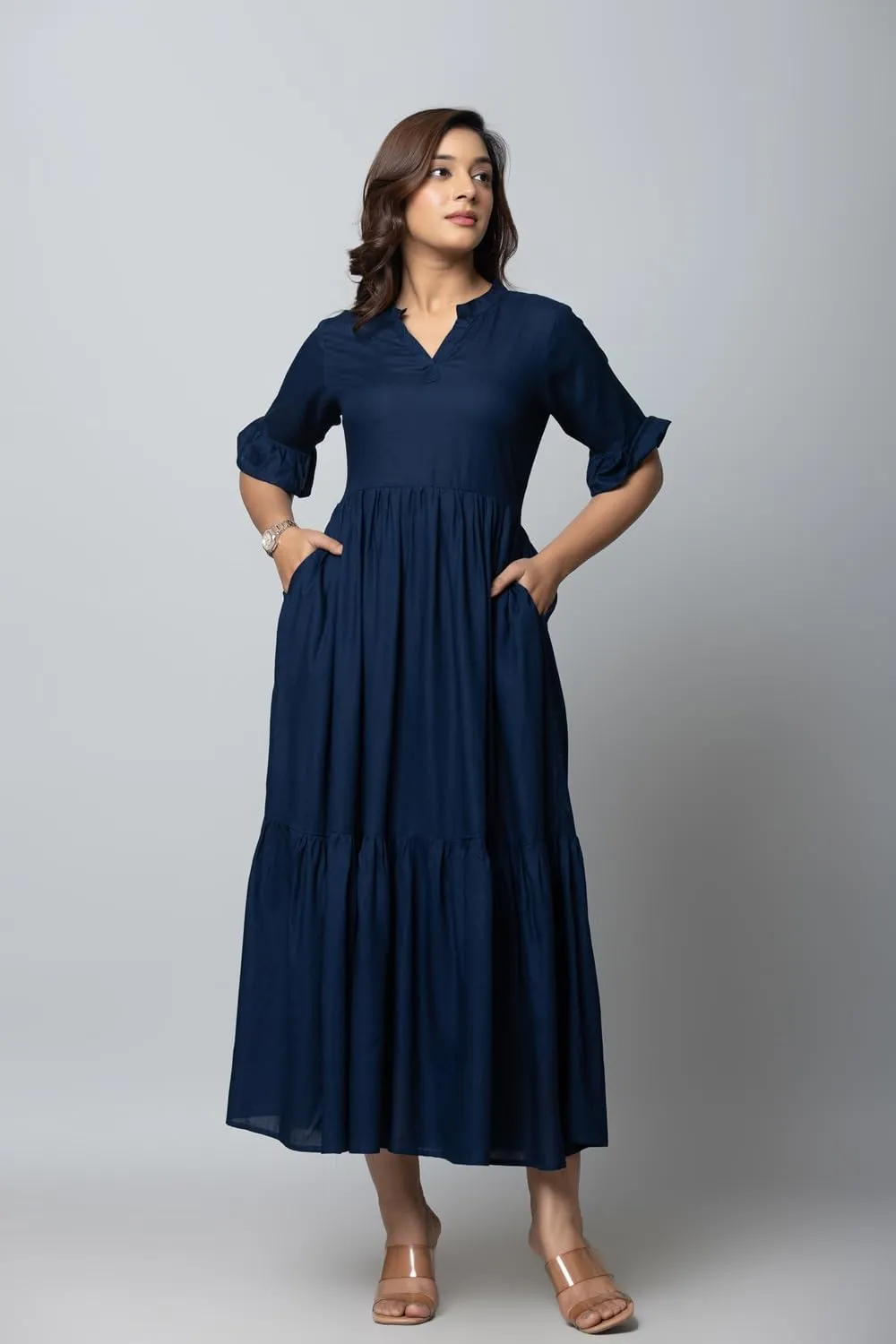 Women's Maxi Dress, Red, V-Neck, 3/4 Bell Sleeves, Tiered Rayon Casual Long Dress