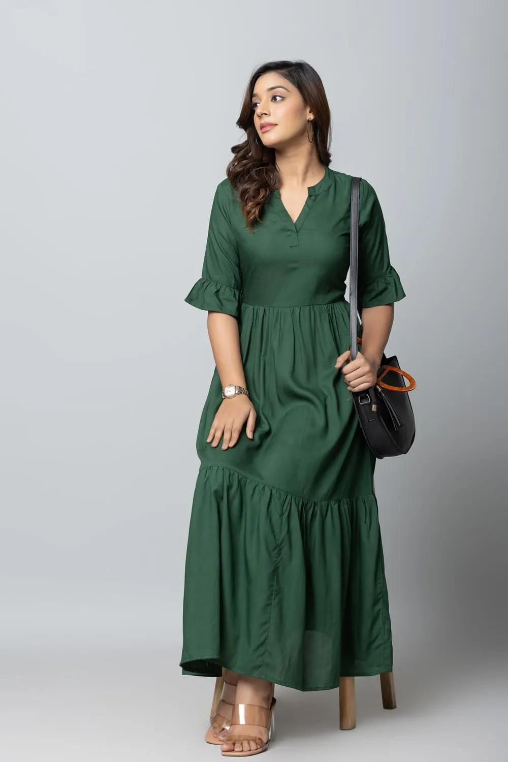 Women's Maxi Dress, Red, V-Neck, 3/4 Bell Sleeves, Tiered Rayon Casual Long Dress