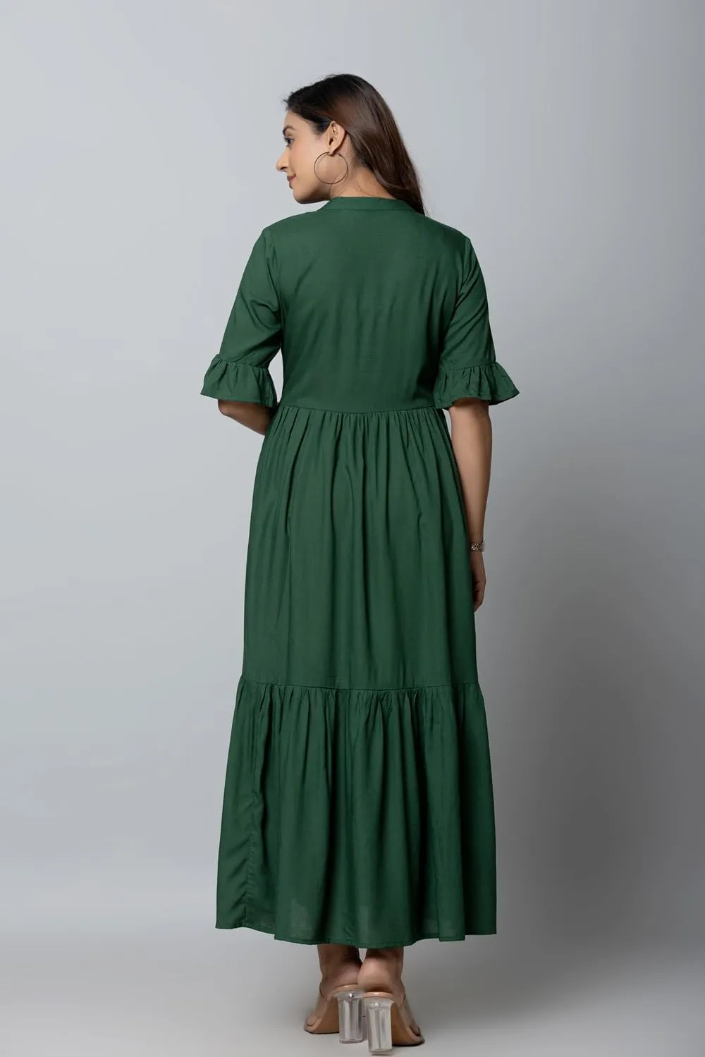 Women's Maxi Dress, Red, V-Neck, 3/4 Bell Sleeves, Tiered Rayon Casual Long Dress