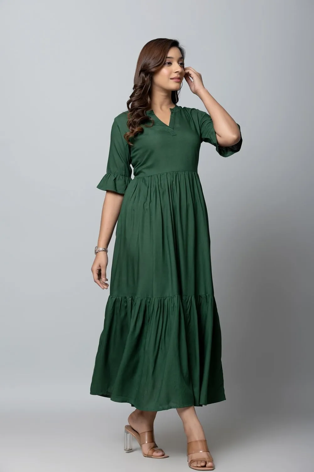 Women's Maxi Dress, Red, V-Neck, 3/4 Bell Sleeves, Tiered Rayon Casual Long Dress