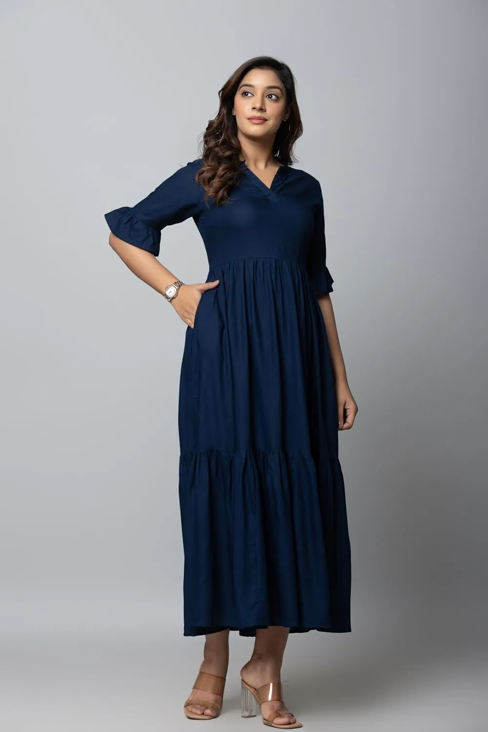 Women's Maxi Dress, Red, V-Neck, 3/4 Bell Sleeves, Tiered Rayon Casual Long Dress