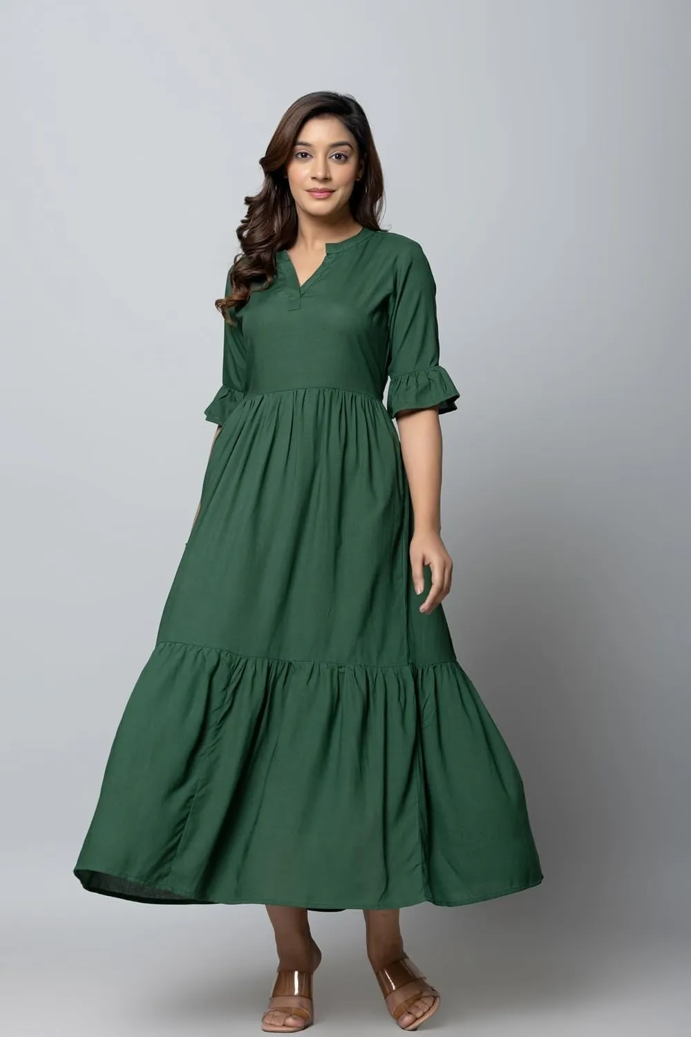 Women's Maxi Dress, Red, V-Neck, 3/4 Bell Sleeves, Tiered Rayon Casual Long Dress